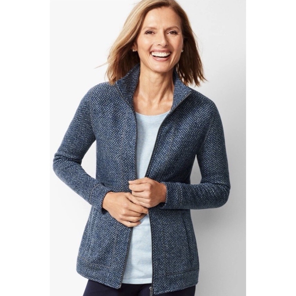 T by Talbots Women's‎ Textured Knit Herringbone Zip Pockets Jacket Navy L